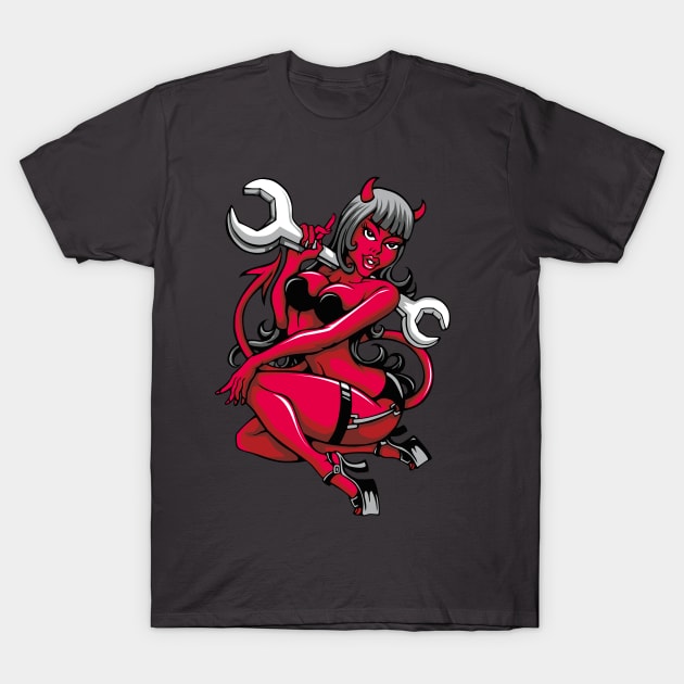 Devil Pin-Up Girl with Big Wrench T-Shirt by fatline